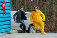 Dean chases a kid in a lion costume.